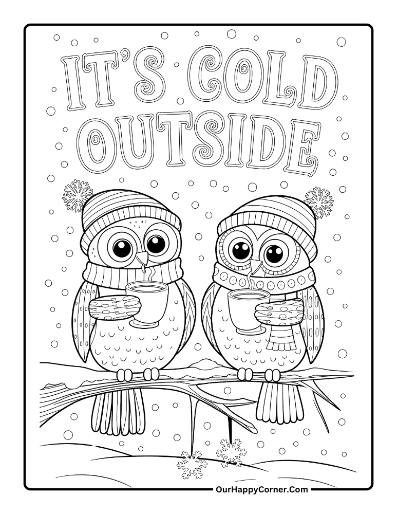 Two owls with scarves drinking hot cocoa.