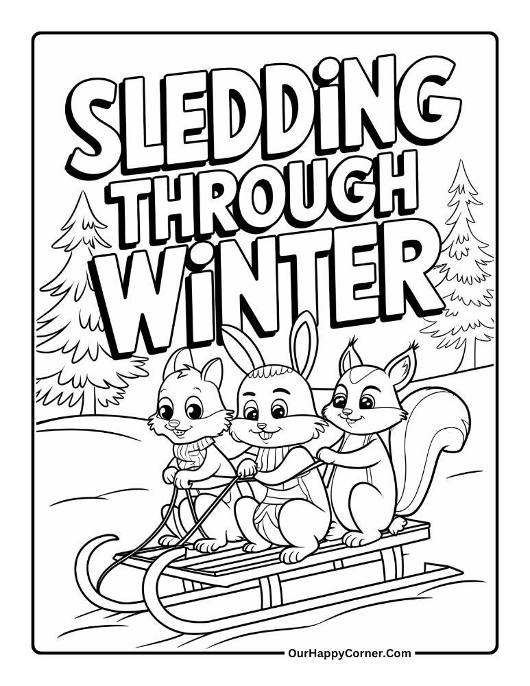 Winter coloring pages of Woodland animals sledding down a snowy hill.