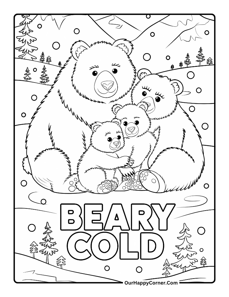 Winter coloring pages of bear family cuddling in a snowy landscape.