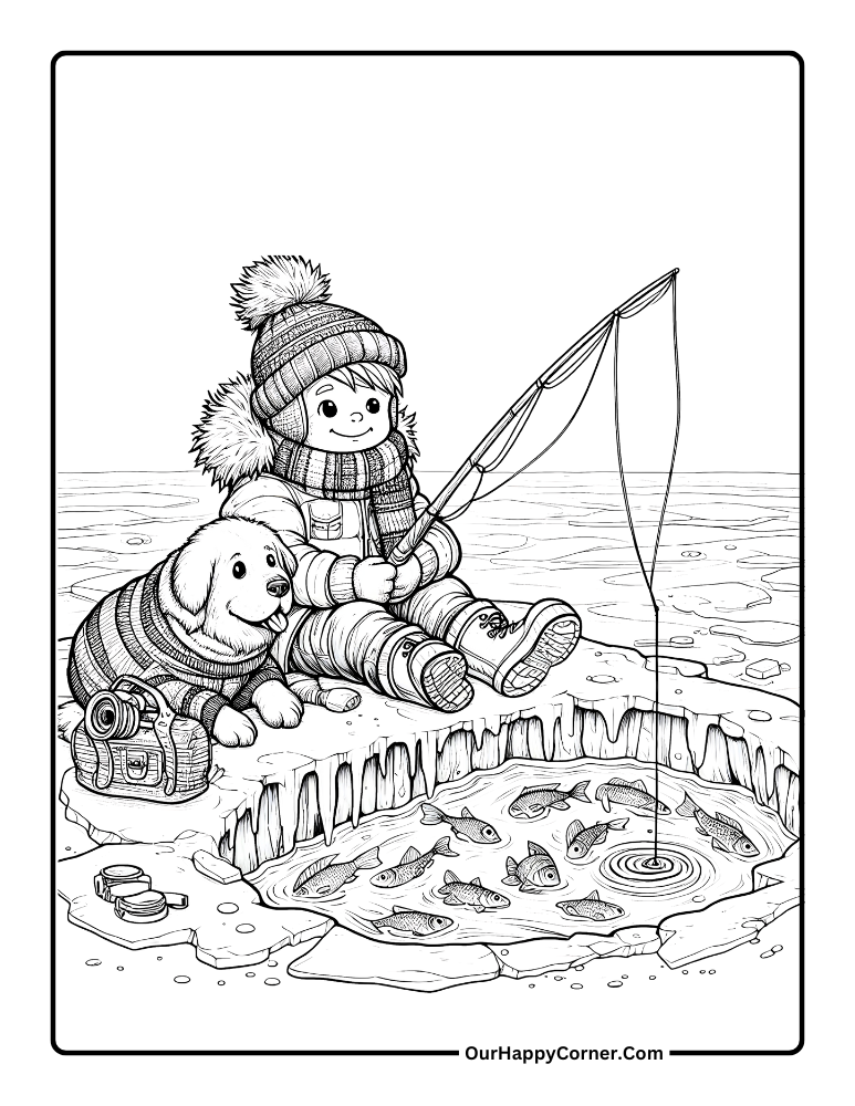 Winter coloring pages of Child ice fishing with a dog by their side