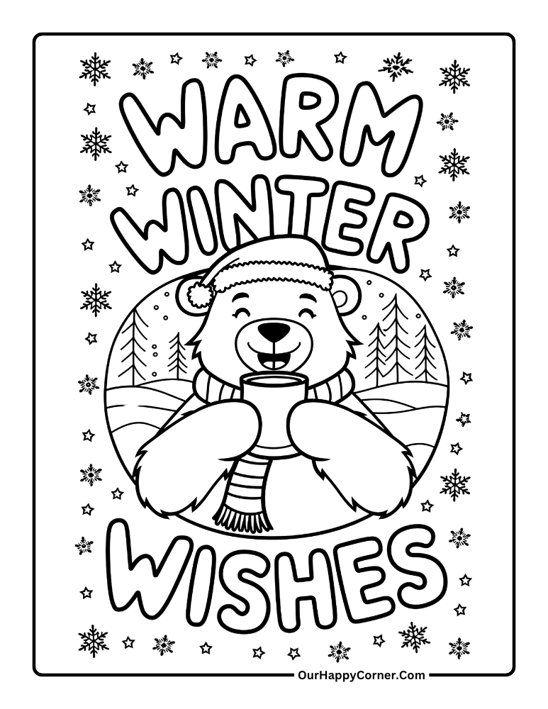 Winter coloring pages of Bear holding a mug in a snowy forest.