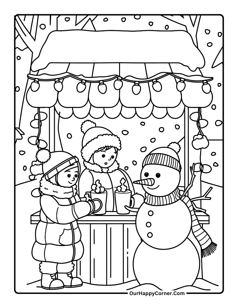 Kids with snowman at a hot cocoa stand.