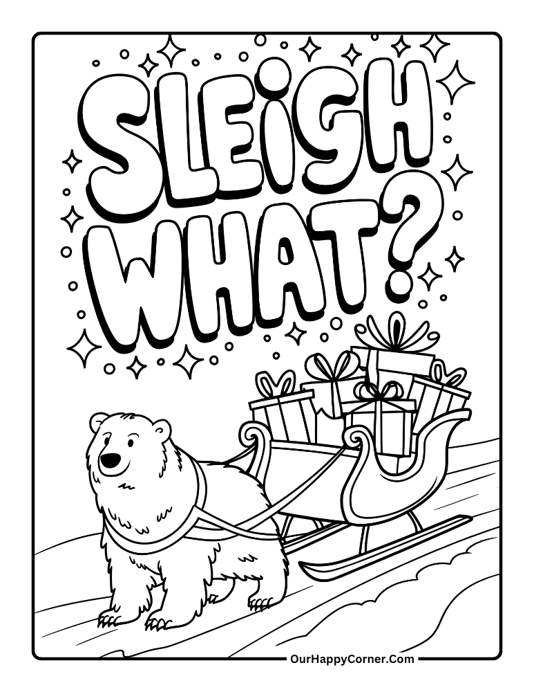 Polar bear pulling a sleigh with gifts.