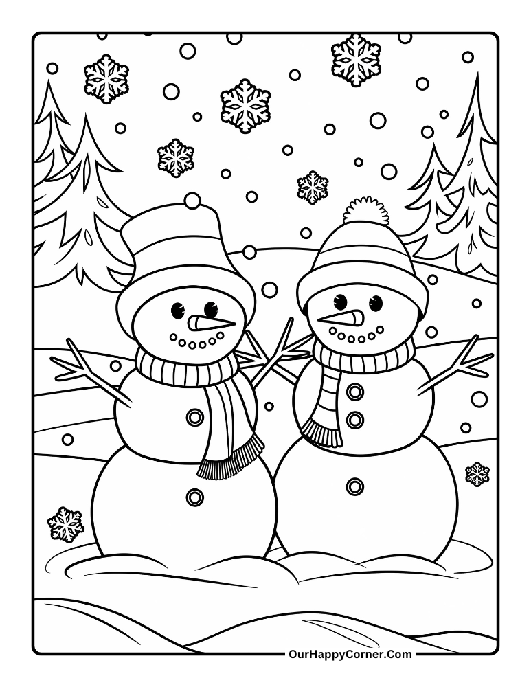 Winter coloring pages ofTwo snowmen with scarves in a snowy scene.