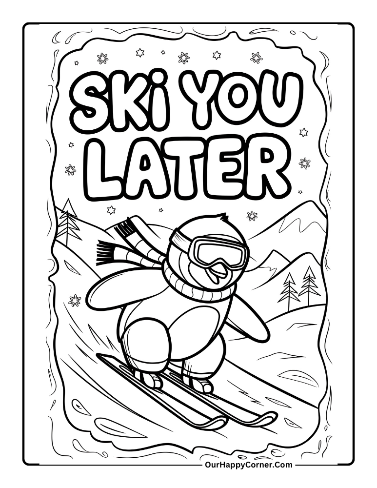 Winter coloring pages of Penguin skiing on a snowy mountain.