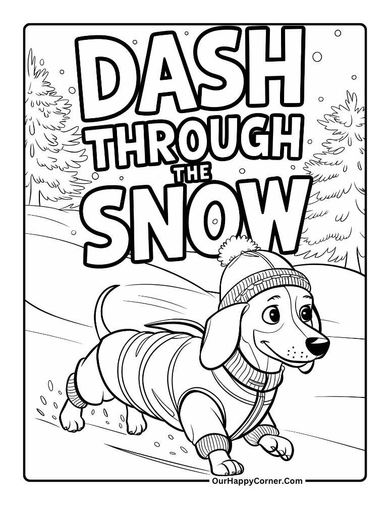 Dachshund running in the snow with a winter outfit.