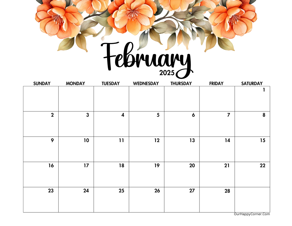 Orange floral horizontal calendar printable