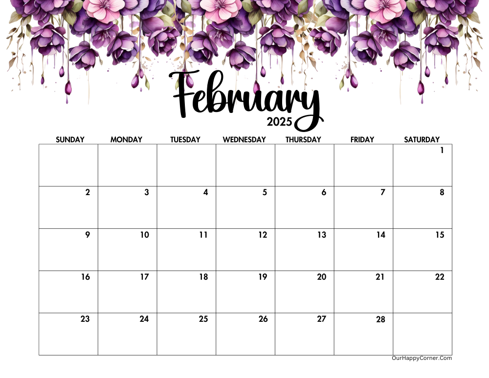 Purple watercolor February 2025 calendar printable