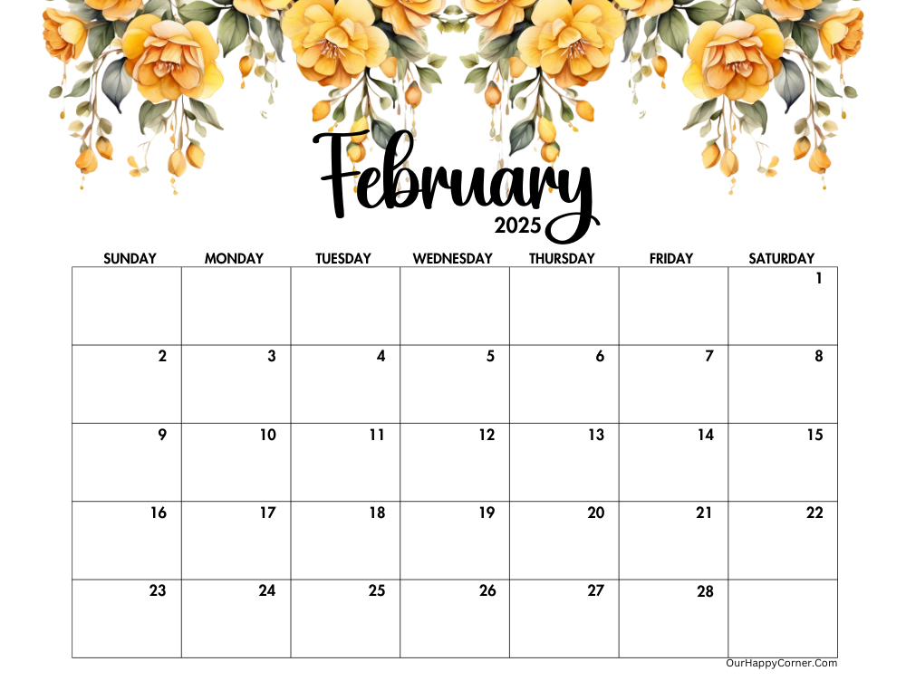 Yellow floral landscape calendar printable