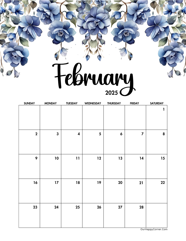 Blue floral February calendar