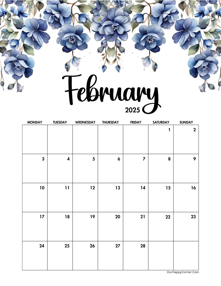 Monday start blue floral calendar