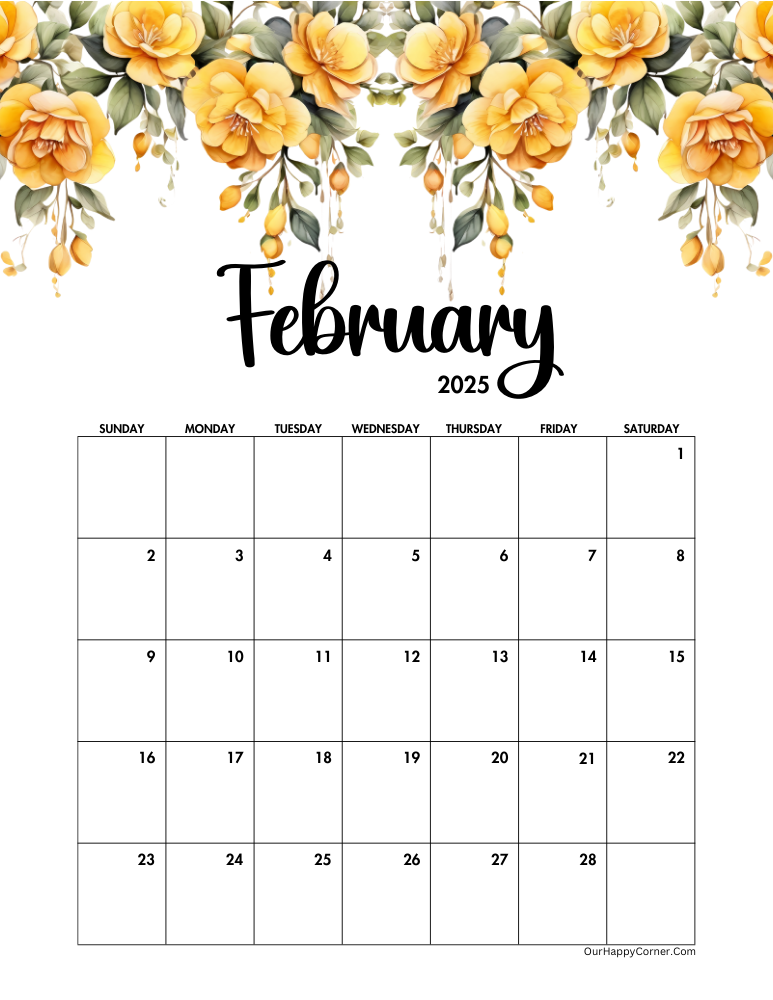 Yellow floral February calendar