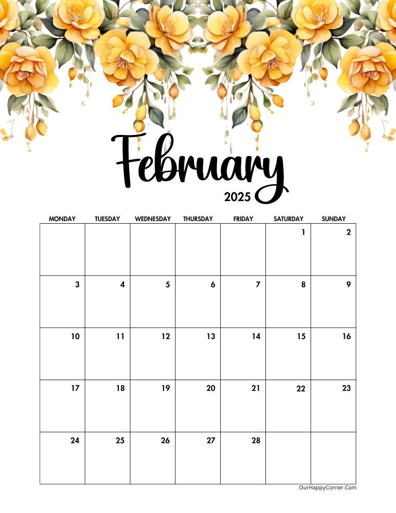 Monday start yellow floral calendar