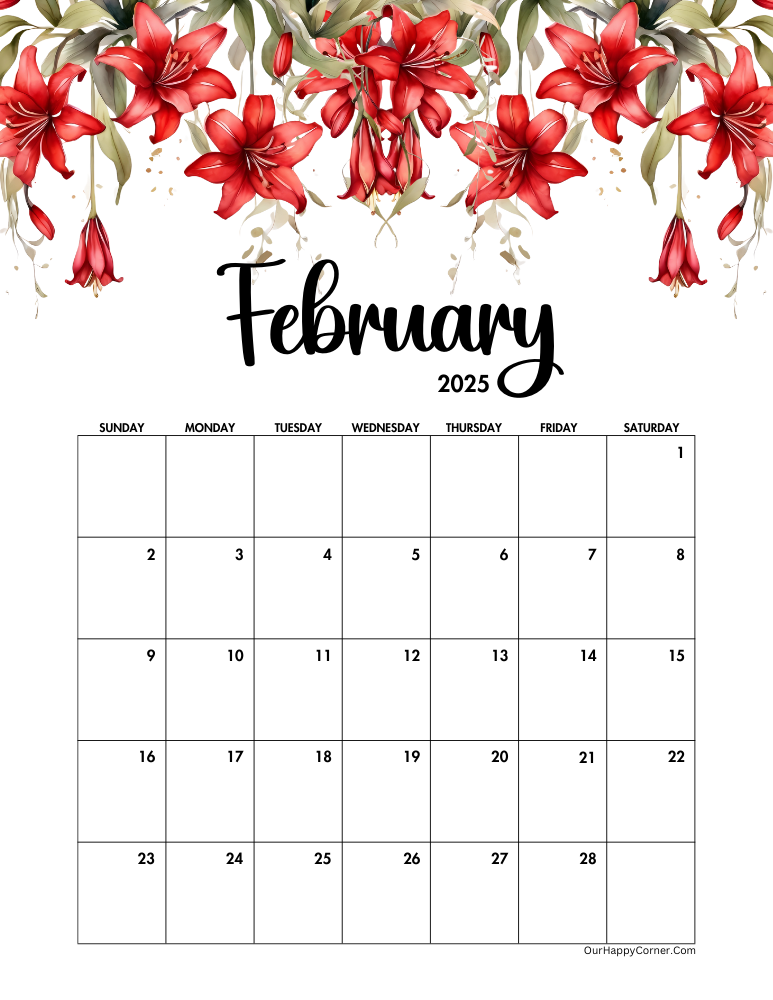 Red floral February calendar