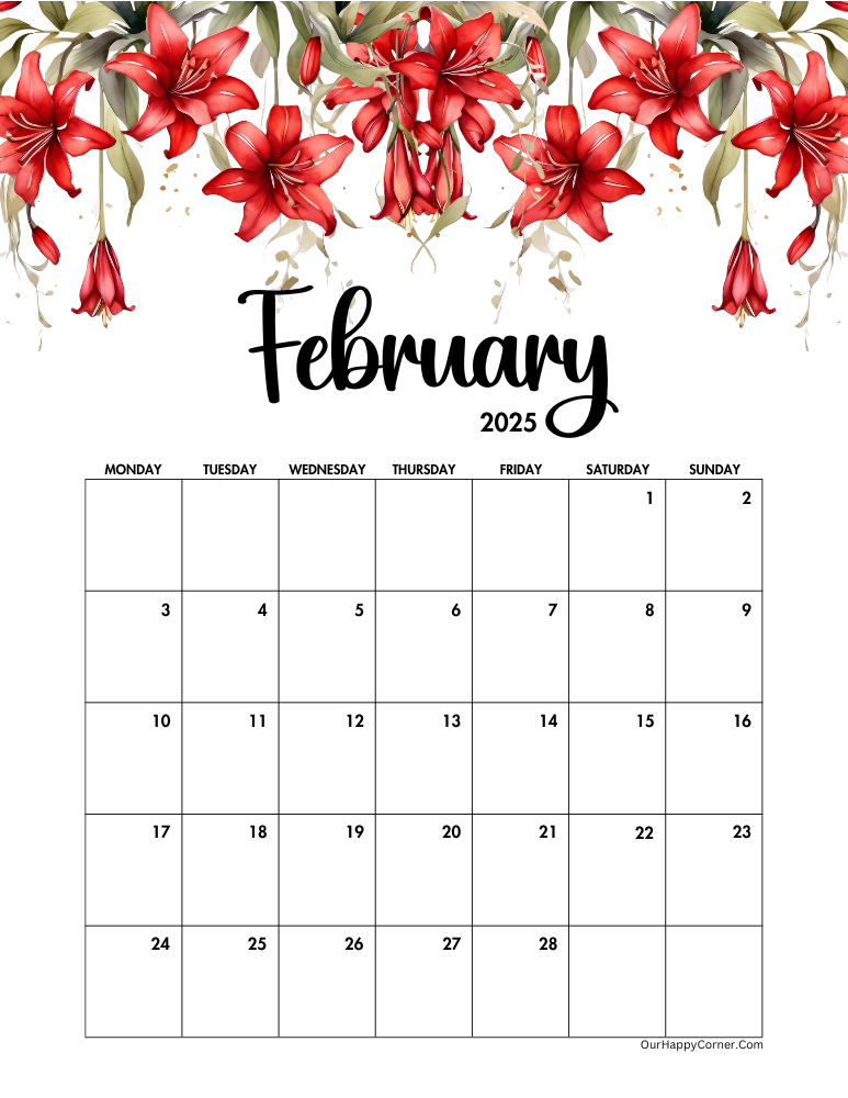 Monday start red floral calendar