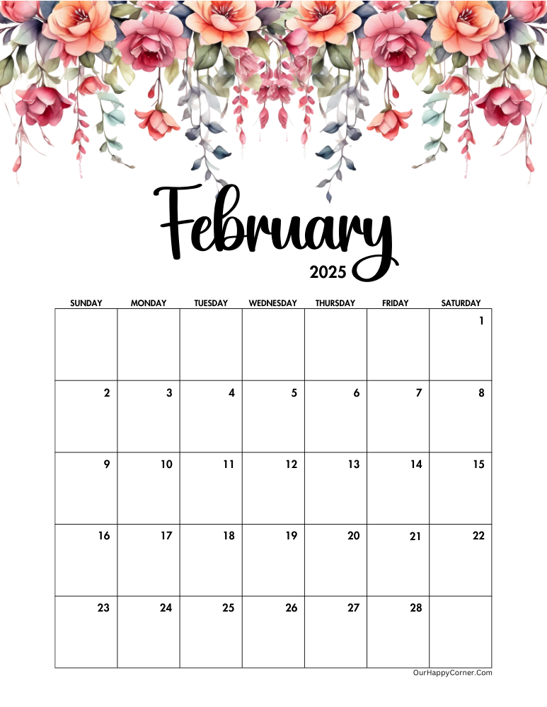 Floral February 2025 calendar printable