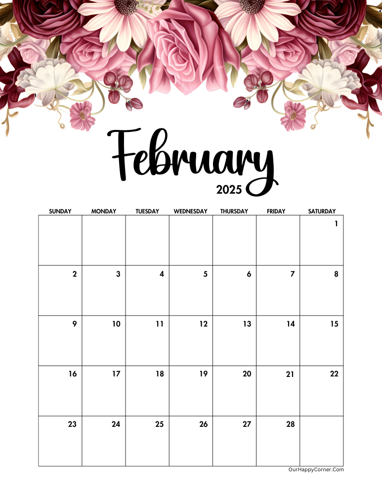 Floral February 2025 calendar printable