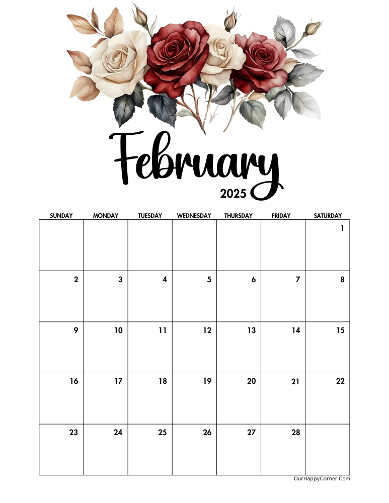 Floral roses February 2025 calendar printable