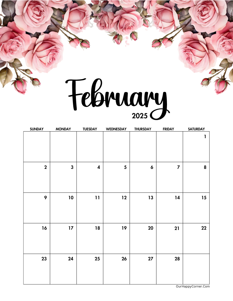 Floral pink roses February 2025 calendar printable 