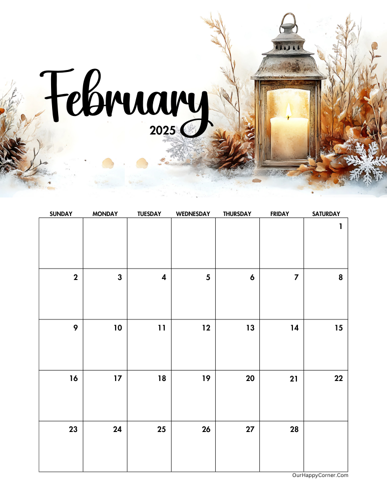 Lit lantern February 2025 calendar printable