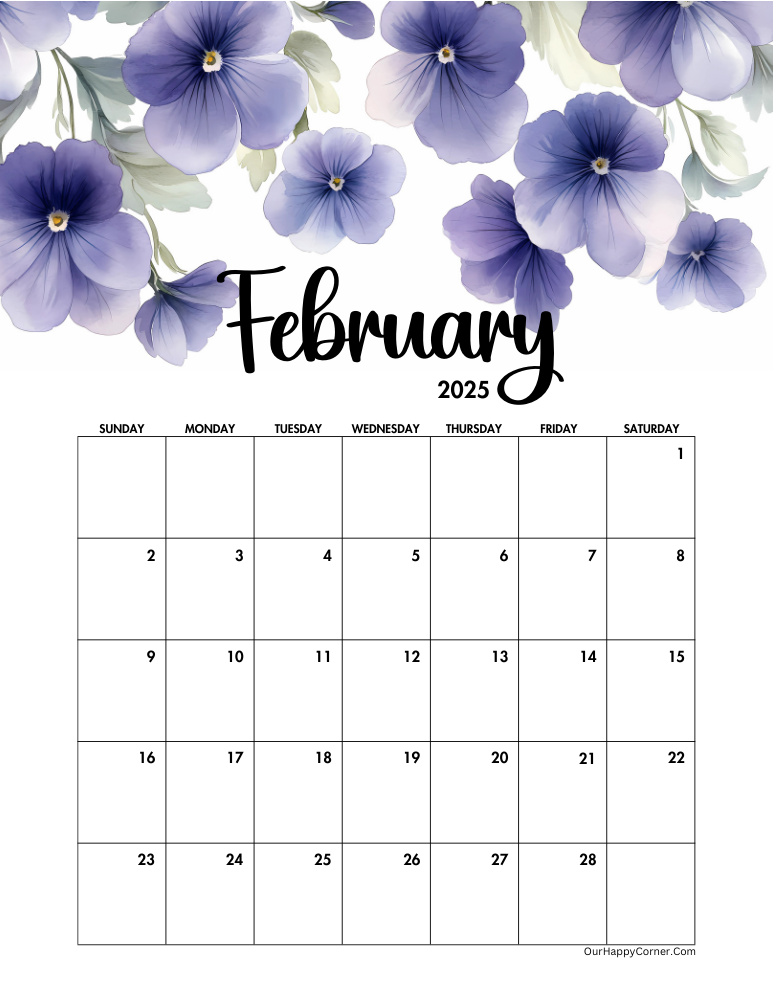 Floral February 2025 calendar printable