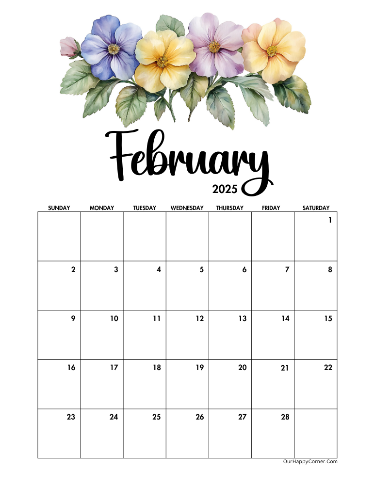 Floral February 2025 calendar printable