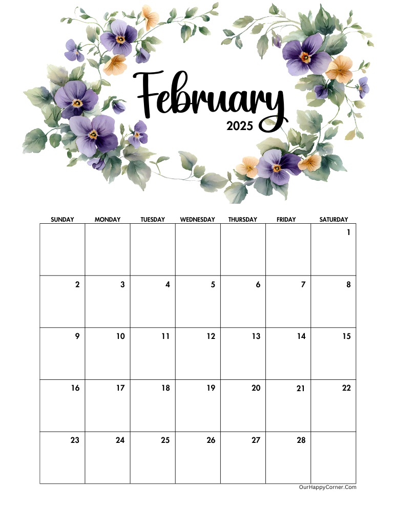 Floral February 2025 calendar printable