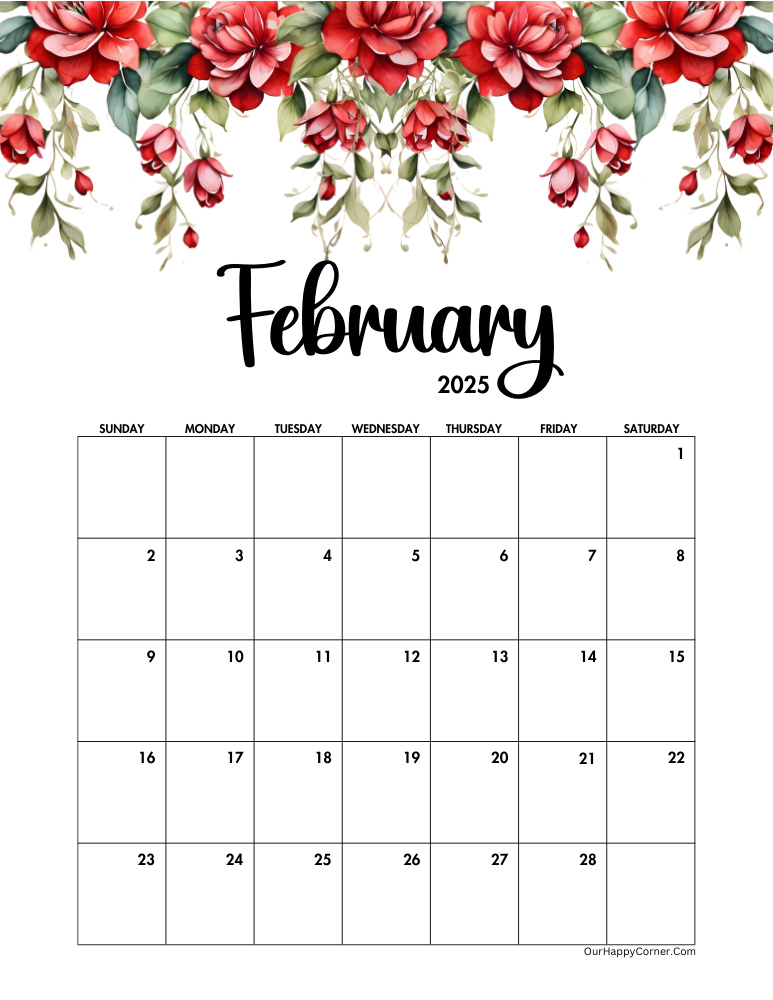 Red floral calendar Sunday start date