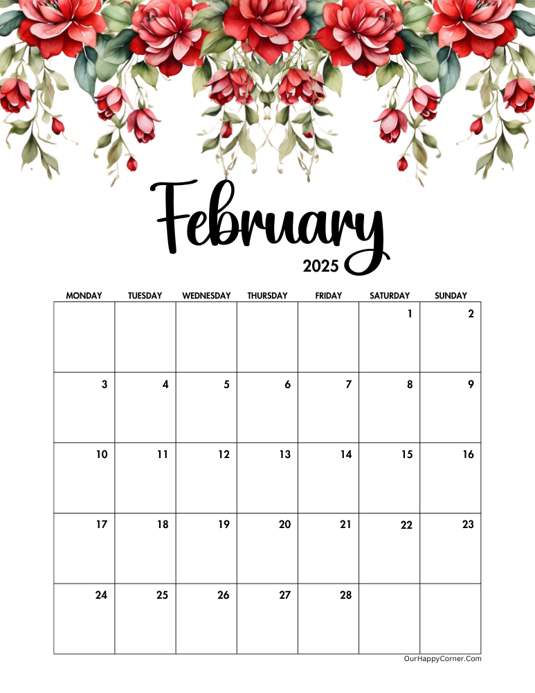 Monday start calendar red florals