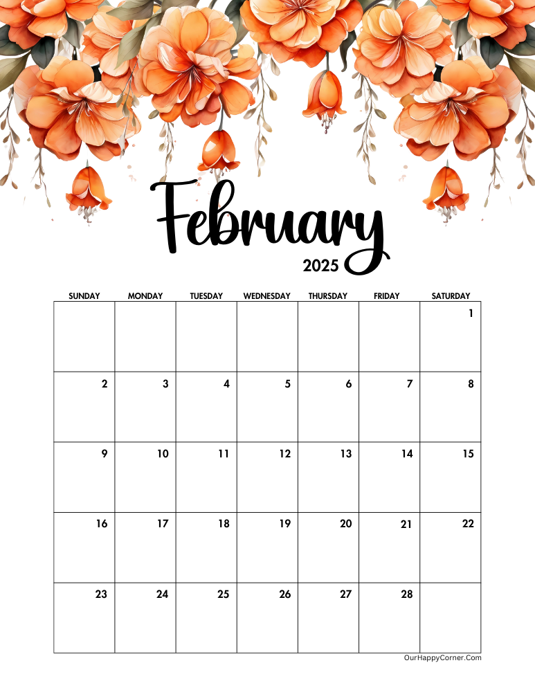 Orange floral February 2025 calendar printable 