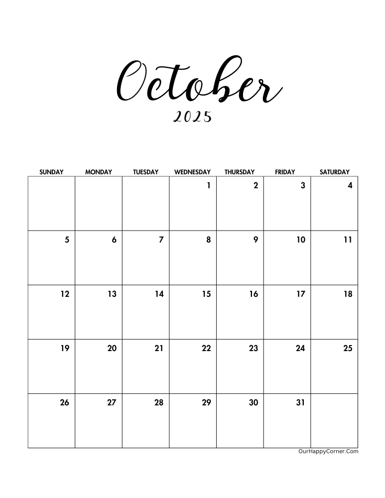 Minimalist October calendar 2025