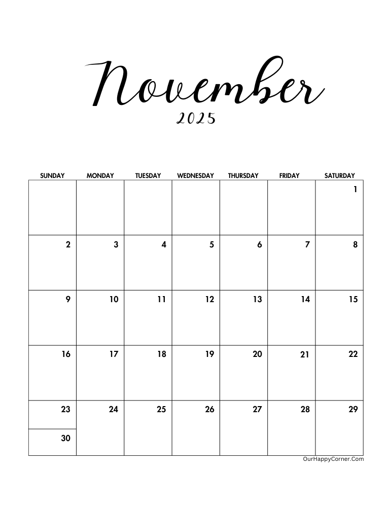 Minimalist November calendar 2025