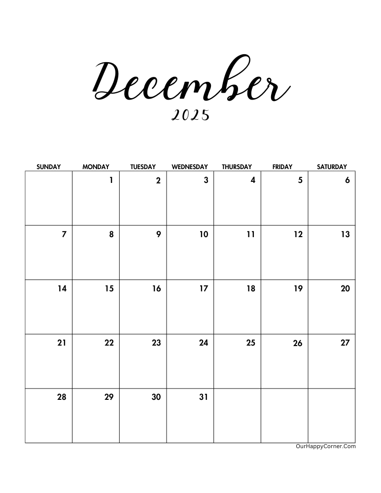 Minimalist December calendar 2025