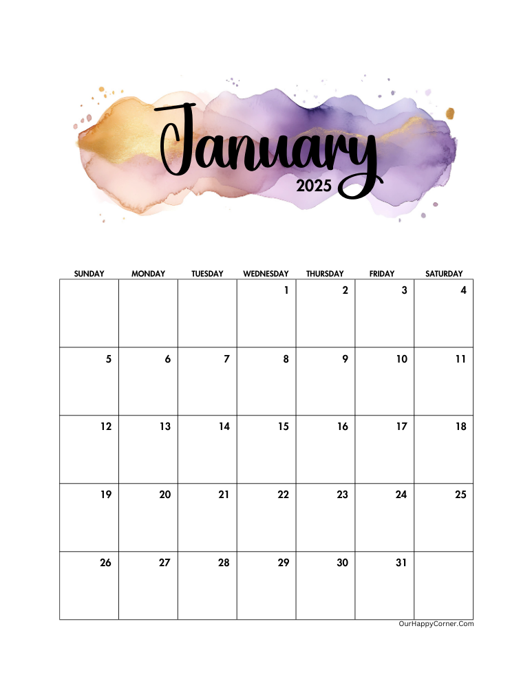 Printable watercolor January monthly calendars 