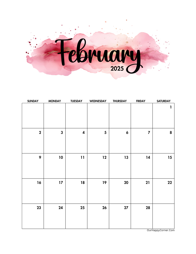 Printable watercolor February monthly calendars 