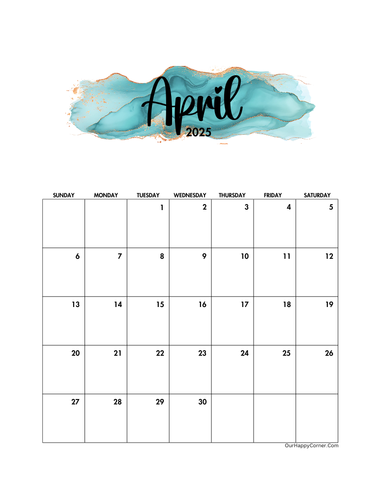 printable monthly calendars April watercolor splash