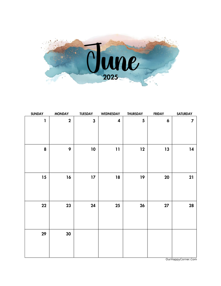 Printable watercolor June calendar