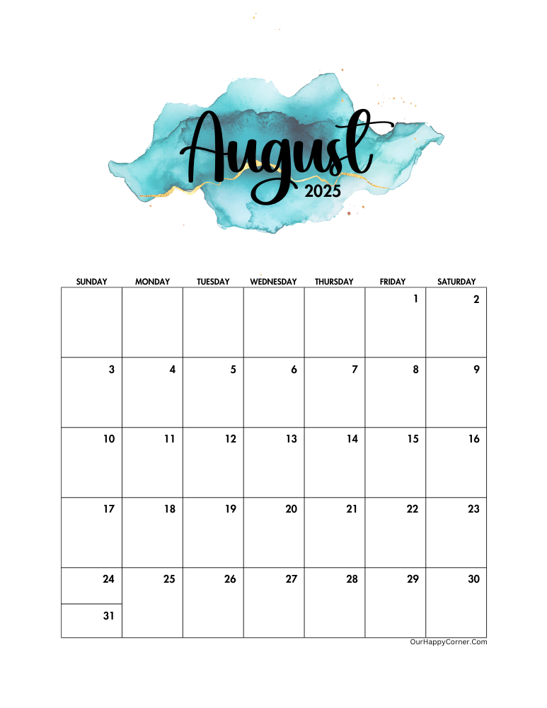 printable monthly calendars watercolor August calendar