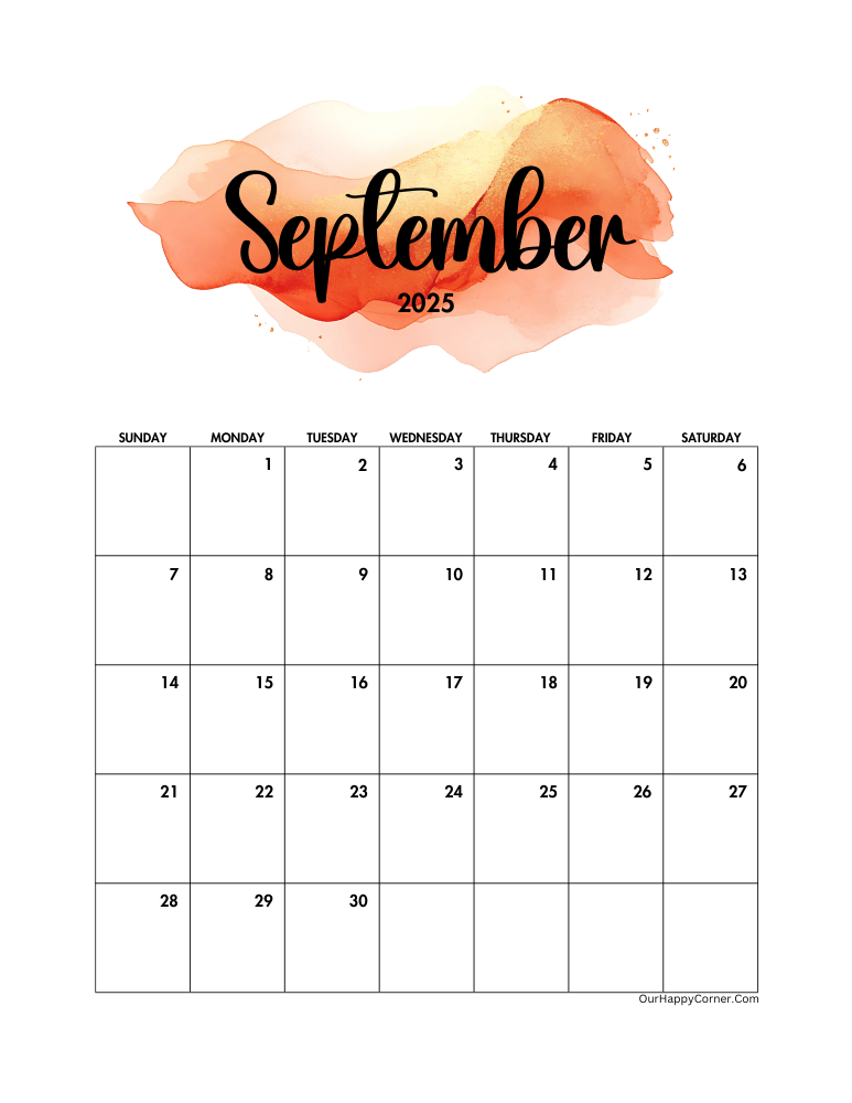 Printable watercolor September calendar