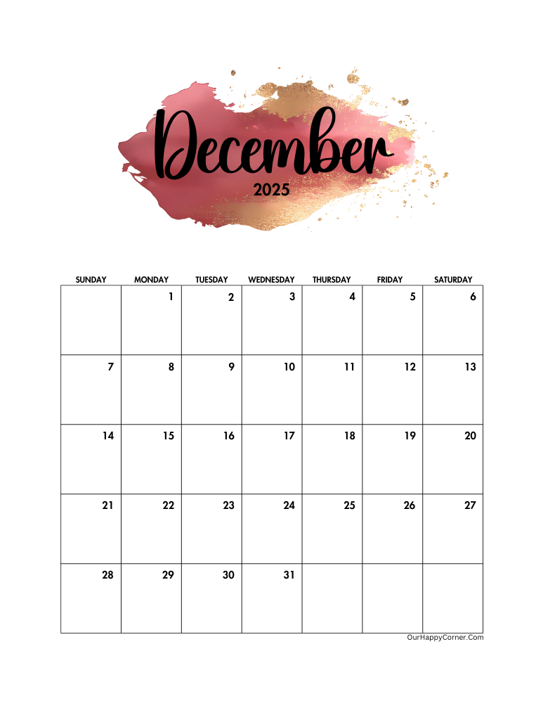 Printable watercolor December calendar