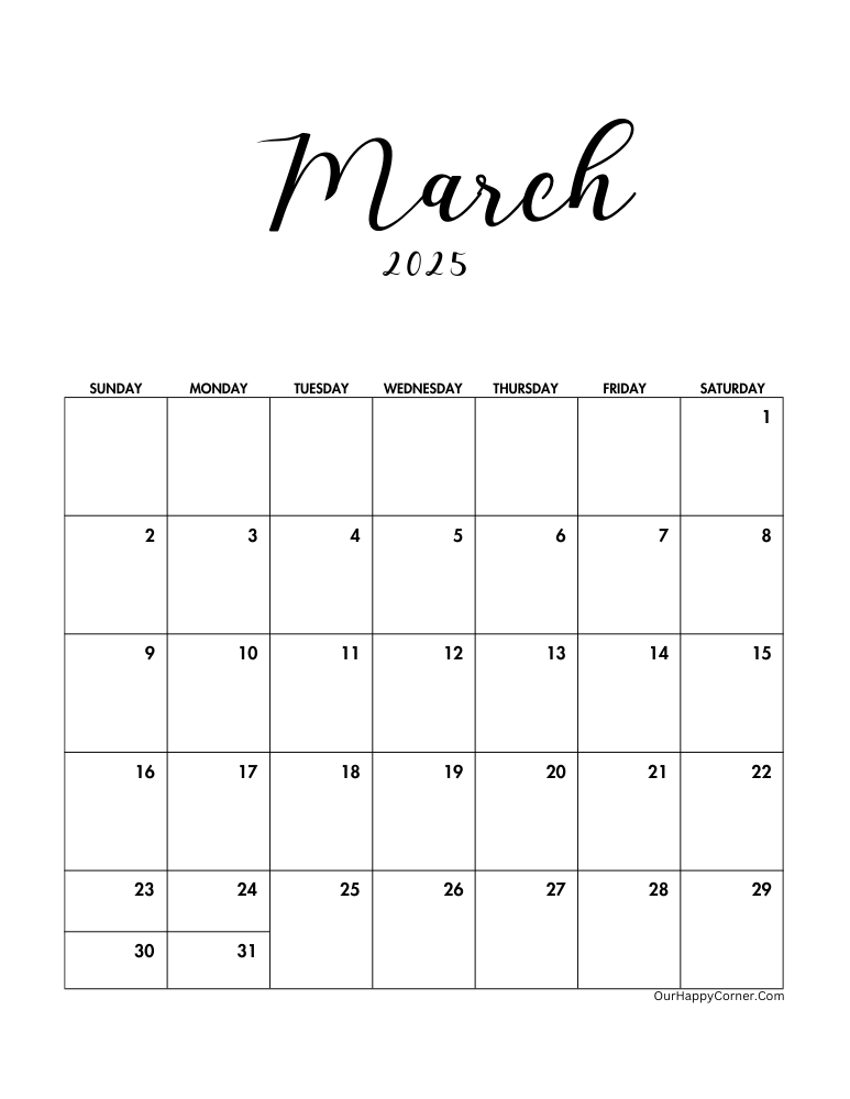 Minimalist printable monthly calendars March calendar