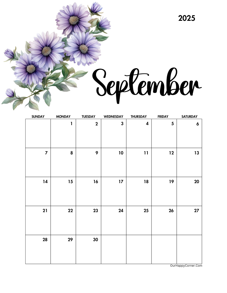 September printable monthly calendrs birth month flower 