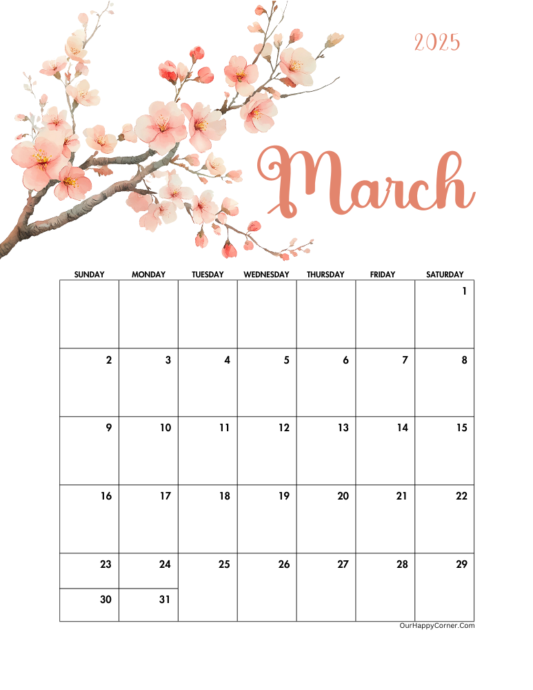 March 2025 floral printable monthly calendars