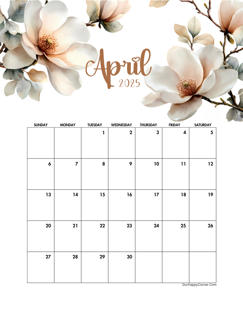 April 2025 floral printable monthly calendars