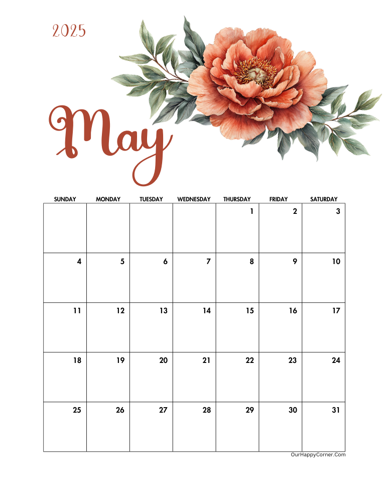 May 2025 floral printable monthly calendars