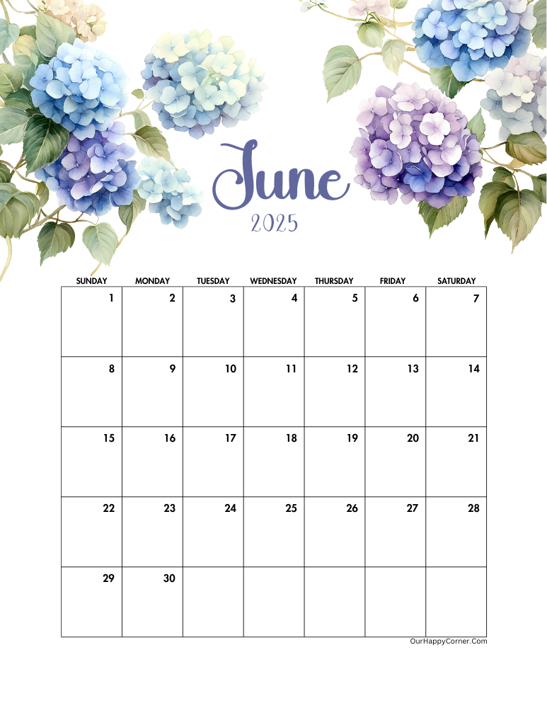 June 2025 floral printable monthly calendars