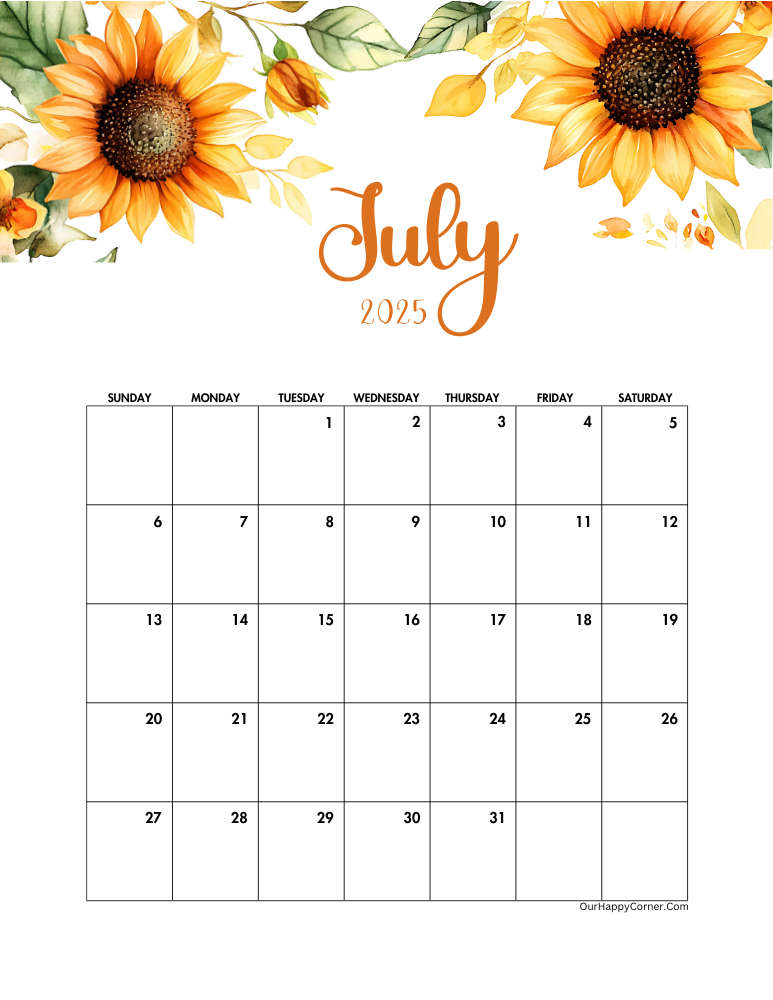 July 2025 floral printable monthly calendars