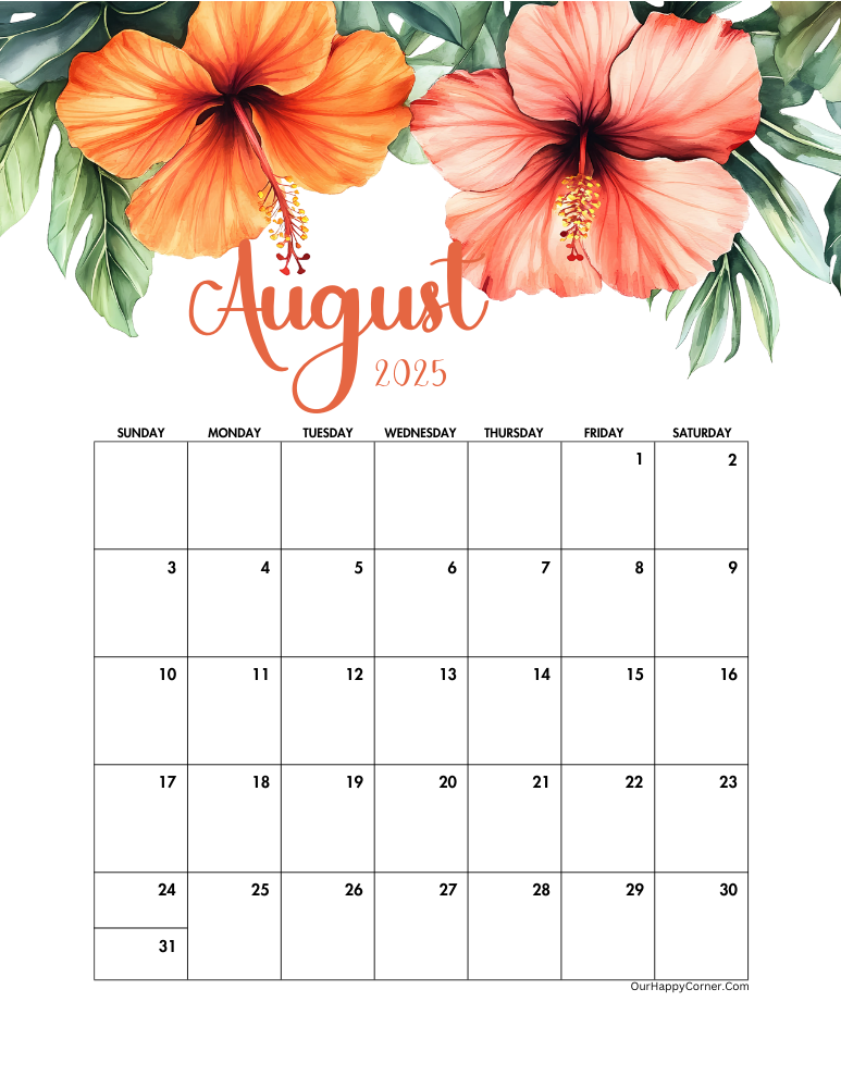 August 2025 floral printable monthly calendars