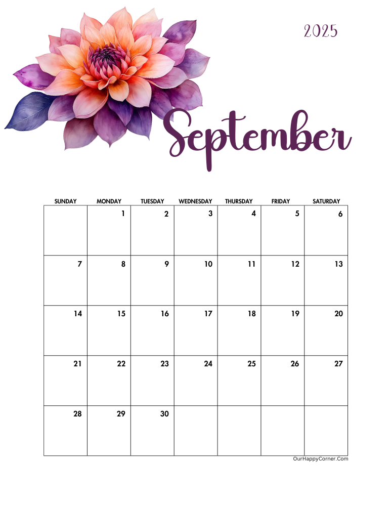 September 2025 floral printable monthly calendars