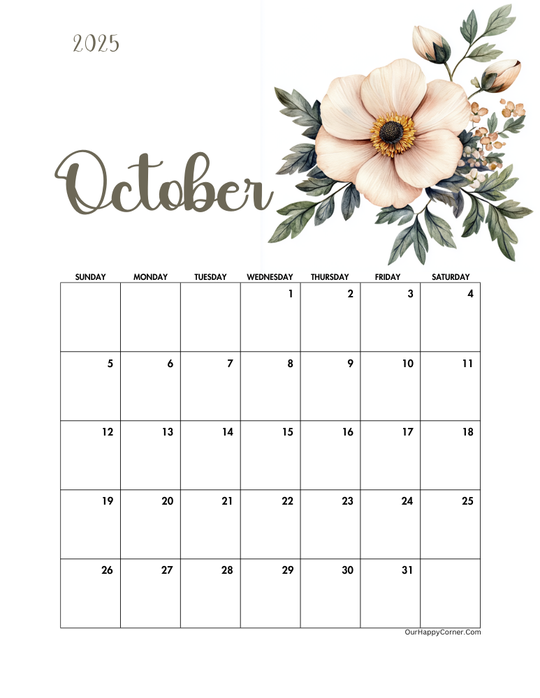 October 2025 floral printable monthly calendars